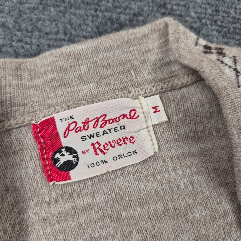 Vintage Pat Boone by Revere Cardigan Sweater Tan Argyle Trim Orlon Men Medium - Picture 3 of 8